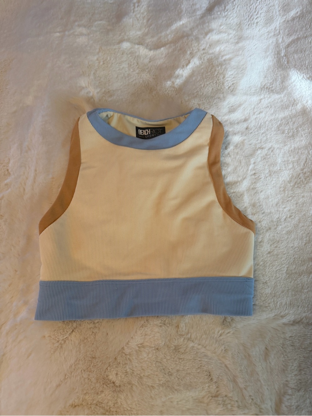 Beach Riot Blue Cream Tan Colorblock Ribbed Crop Top - Picture 3 of 5